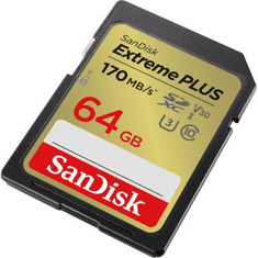 SanDisk Extreme PLUS 64GB SDXC Memory Card 170MB/s and 80MB/s, UHS-I, Class 10, U3, V30