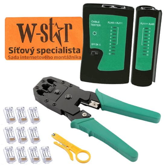 W-STAR W-Star Sada nářadí pro síťaře WS193, tester UTP, kleště RJ45 RJ11, narážeč, 10x RJ45