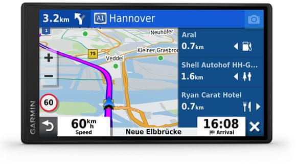 GPS navigácia Garmin Drive 55 5,5-palcový dotykový displej svetové mapy rýchlejšia doživotná aktualizácia máp vysoké rozlíšenie učenie návykov slot na pamäťové karty microSD karta predpoveď ciele jazdné návyky upozornenie na zjazd a križovatky držiak výkonná navigácia do auta výkonná automobilová navigácia dlhá výdrž batéria jasný displej WiFi Bluetooth sprievodná aplikácia