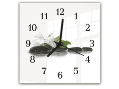 Glasdekor Nástěnné hodiny 30x30cm bílý květ a černé kameny na hladině - Materiál: plexi