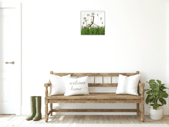 Glasdekor Nástěnné hodiny 30x30cm bílé květy kopretiny v trávě na bílém pozadí - Materiál: kalené sklo