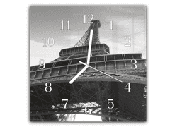 Glasdekor Nástěnné hodiny 30x30cm detail černobílé Eiffelové věže v Paříži - Materiál: kalené sklo