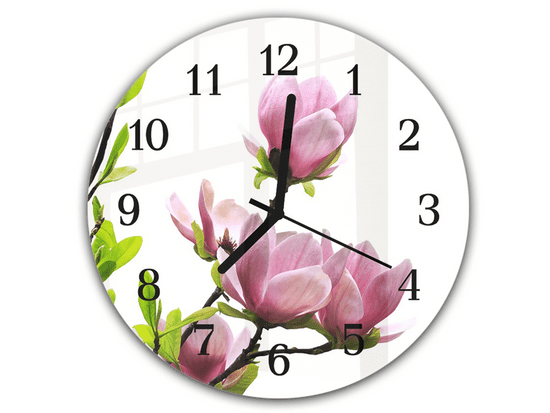 Nástěnné hodiny pr.30cm větev kvetoucí růžové magnolie