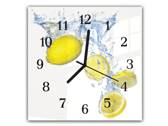 Glasdekor Nástěnné hodiny 30x30cm citrony ve vodě