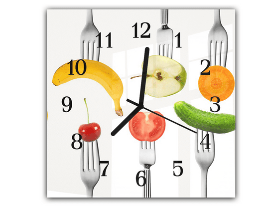 Glasdekor Nástěnné hodiny 30x30cm čerstvé ovoce a zelenina na vidličkách