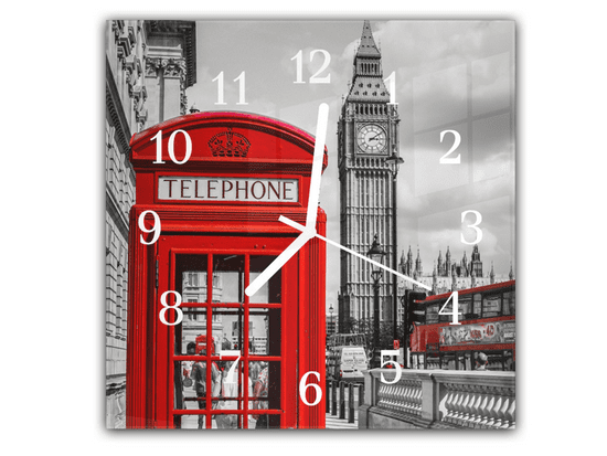 Glasdekor Nástěnné hodiny 30x30cm Anglie Londýn červená budka a Big Ben