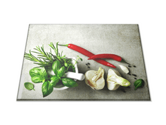 Glasdekor Skleněné prkénko bylinky v hmoždíři a chilli - Prkénko: 30x20cm