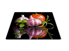 Glasdekor Skleněné prkénko česnek, bylinky a rajče - Prkénko: 40x30cm