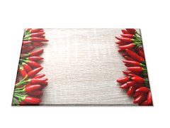 Glasdekor Skleněné prkénko dvě řady chilli papriček na dřevě - Prkénko: 40x30cm