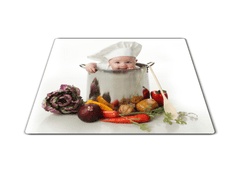 Glasdekor Skleněné prkénko dítě šéfkuchař v hrnci 30x40cm - Prkénko: 30x20cm
