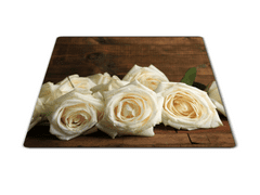 Glasdekor Skleněné prkénko bílý květ růže na dřevě - Prkénko: 40x30cm
