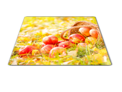 Glasdekor Skleněné prkénko košík s jablky ve trávě - Prkénko: 40x30cm