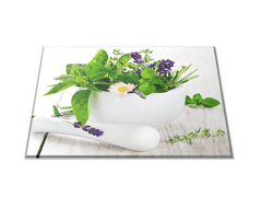 Glasdekor Skleněné prkénko bylinky v bílém hmoždíři - Prkénko: 40x30cm