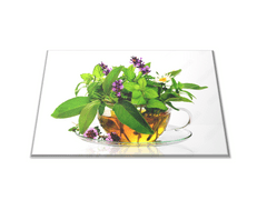Glasdekor Skleněné prkénko bylinky v hrníčku čaje - Prkénko: 40x30cm