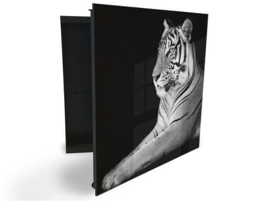 Glasdekor skříňka na klíče - bílý tygr na černém podkladu z boku