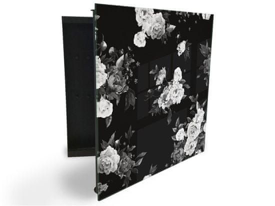 Glasdekor skříňka na klíče - abstraktní bílé květy na černém