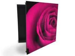 Glasdekor skříňka na klíče - detail květu ostře růžové růže - Otevírání: Pravé, Barva skříňky: Černá