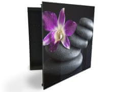 Glasdekor skříňka na klíče - drobná orchidej na černých kamenech - Otevírání: Levé, Barva skříňky: Bílá