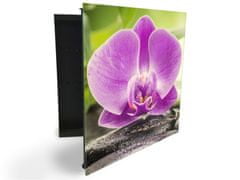 Glasdekor skříňka na klíče - velký fialový květ orchideje na kameni - Otevírání: Pravé, Barva skříňky: Černá