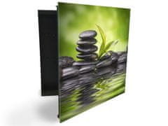 Glasdekor skříňka na klíče - bambus a kámen zen - Otevírání: Pravé, Barva skříňky: Černá