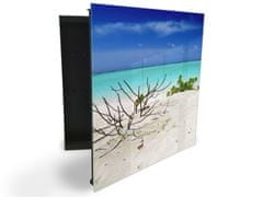 Glasdekor skříňka na klíče - větev v písku a tropické moře - Otevírání: Levé, Barva skříňky: Bílá