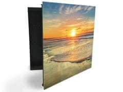 Glasdekor skříňka na klíče - detail západ slunce na pláži a moře - Otevírání: Levé, Barva skříňky: Bílá