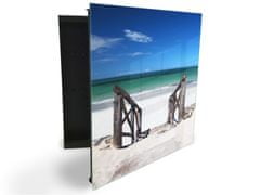 Glasdekor skříňka na klíče - staré dřevěné schody vedoucí na pláž u moře - Otevírání: Levé, Barva skříňky: Bílá