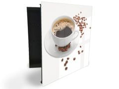 Glasdekor skříňka na klíče - bílý šálek s kávou na bílém pozadí - Otevírání: Levé, Barva skříňky: Černá