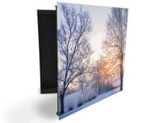 Glasdekor skříňka na klíče - zimní krajina a sníh - Otevírání: Levé, Barva skříňky: Černá