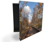 Glasdekor skříňka na klíče - železnice v podzimním lese - Otevírání: Levé, Barva skříňky: Bílá