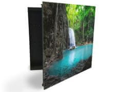 Glasdekor skříňka na klíče - tyrkysová voda a vodopád v džungli - Otevírání: Levé, Barva skříňky: Bílá