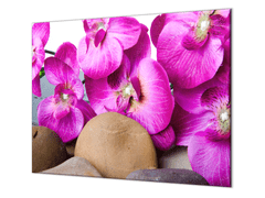 Glasdekor Ochranná deska květy orchideje a hnědý kámen - Ochranná deska: 52x60cm, Lepení na zeď: Bez lepení na zeď