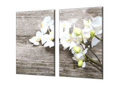 Glasdekor Ochranná deska květy bílé orchideje na dřevě - Ochranná deska: 60x90cm, Lepení na zeď: Bez lepení na zeď