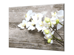 Glasdekor Ochranná deska květy bílé orchideje na dřevě - Ochranná deska: 60x90cm, Lepení na zeď: Bez lepení na zeď