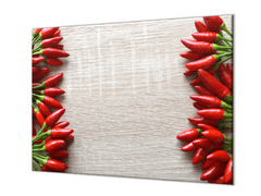 Glasdekor Ochranná deska řada chilli papriček na dřevě - Ochranná deska: 55x90cm, Lepení na zeď: Bez lepení na zeď