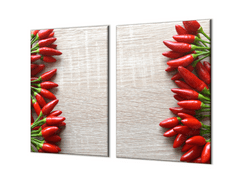 Glasdekor Ochranná deska řada chilli papriček na dřevě - Ochranná deska: 55x90cm, Lepení na zeď: Bez lepení na zeď