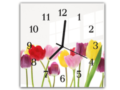 Glasdekor Nástěnné hodiny 30x30cm barevné květy tulipánů na stonku - Materiál: plexi