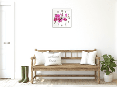 Glasdekor Nástěnné hodiny 30x30cm květy fialové orchideje na bílém podkladu - Materiál: kalené sklo