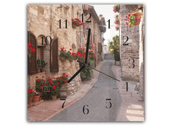 Glasdekor Nástěnné hodiny 30x30cm Italské město Assisi a květinová ulička - Materiál: kalené sklo