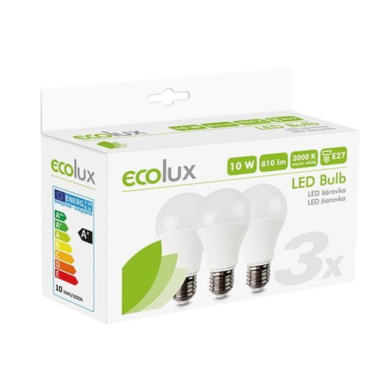 Solight ECOLUX LED žárovka 3-pack, klasický tvar, 10W, E27, 3000K, 270°, 790lm, 3ks v balení