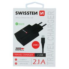 SWISSTEN Swissten Síťový Adaptér Smart Ic 2X Usb 2,1A Power + Datový Kabel Usb / Type C 1,2 M Černý 8595217464414