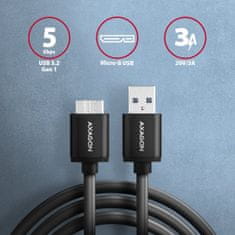 AXAGON BUMM3-AM10AB, SPEED kabel Micro-B USB <-> USB-A, 1m, USB 3.2 Gen 1, 3A, ALU, tpe, černý