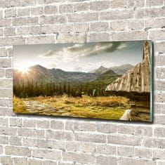 Wallmuralia Foto obraz fotografie na skle Dům v horách 140x70 cm 4 úchytky