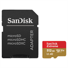 SanDisk Extreme microSDXC 512GB + SD Adapter 190MB/s and 130MB/s A2 C10 V30 UHS-I U3