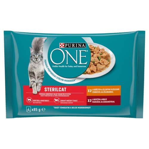 Purina ONE Multipack Sterilcat mini filetky s kuřetem a zelenými fazolkami / s hovězím a mrkví ve šťávě 4x85g