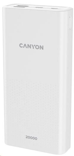 Canyon powerbanka PB-2001, 20000mAh Li-poly, Input 5V/2A microUSB + USB C, Output 5V/2.1A USB-A, bílá