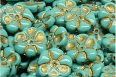 Kraftika 4 ks turquoise green gold flower beads české skleněné perly