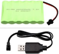 YUNIQUE GREEN-CLEAN 1 kus 7.2V 2400mAh Ni-MH AA dobíjecí baterie s SM-2P 2Pin konektorem a USB nabíjecí kabel pro RC nákladní automobily vozidla