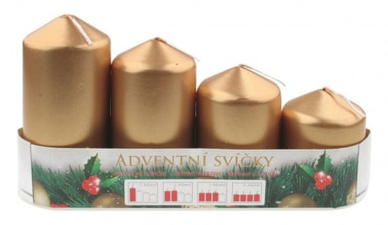 Anděl Přerov Adventní svíce válec zlatá LAK, postupka 50, 75, 90, 105 x 60 mm, 4 ks