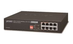 Planet GSD-804Pv2 PoE switch 8x1000B-T, 4x PoE IEEE 802.3at do 60W, extend mód 10Mb, fanless